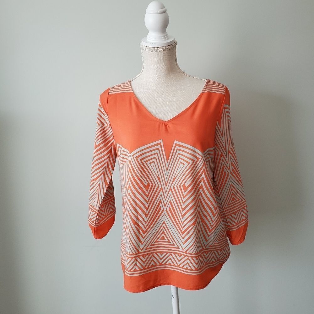 Pink Owl Women's V Neck Long Sleeve Azrec Print Top Size Small